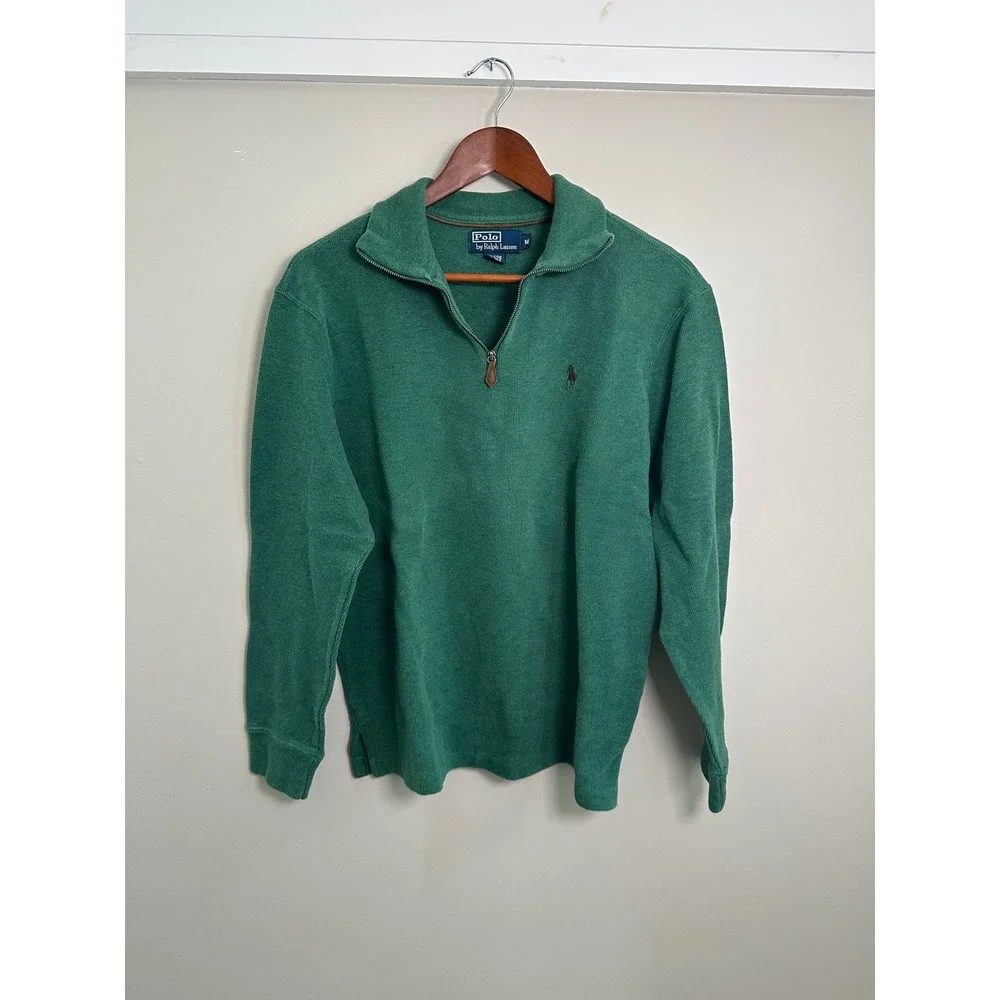Polo Ralph Lauren Quarter Zip Sweater Mens Medium Green EUC Cotton Pullover Pony
